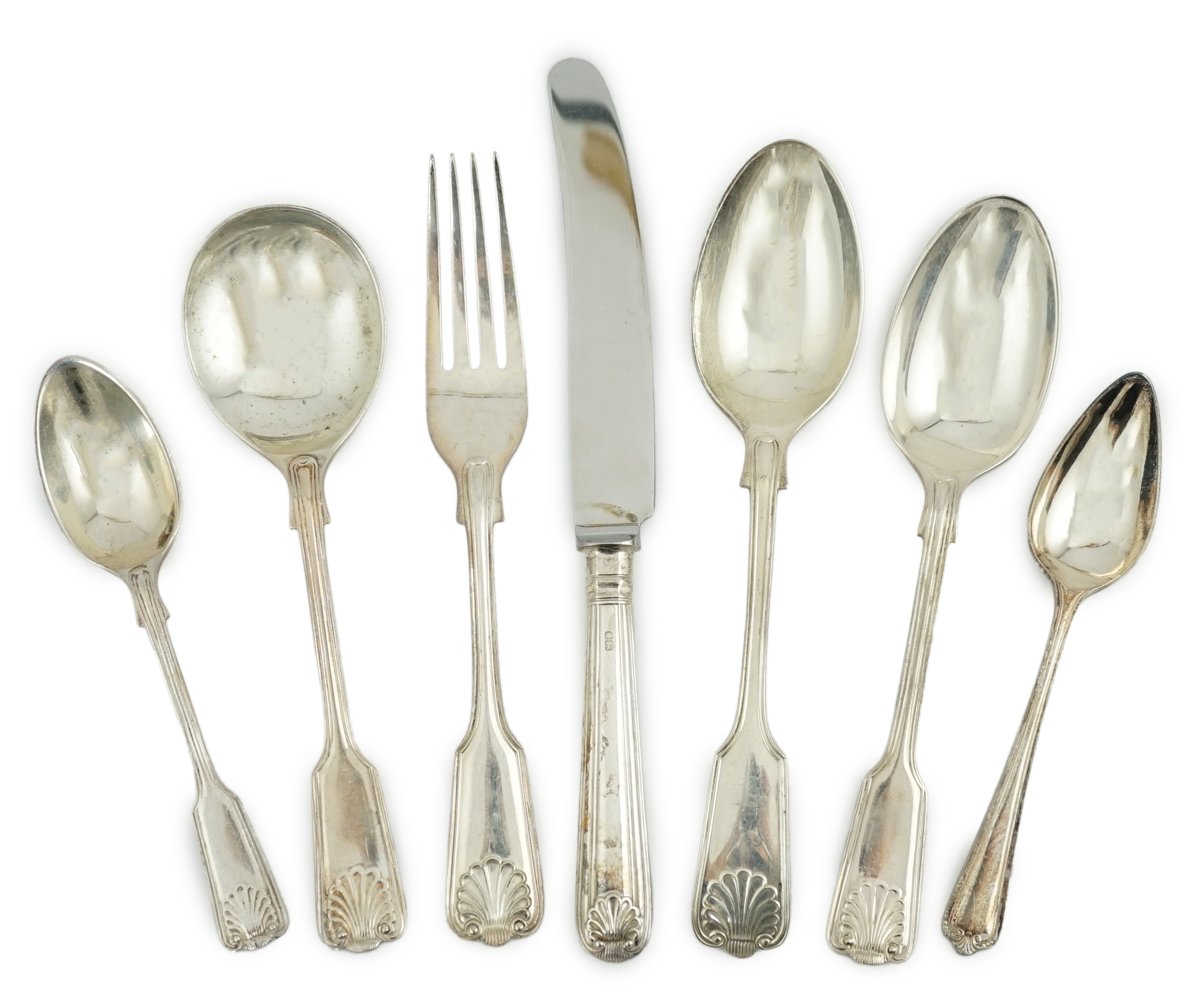 A matched part canteen of modern silver fiddle, thread and shell pattern cutlery, by Roberts & Belk and Cooper Brothers & Sons